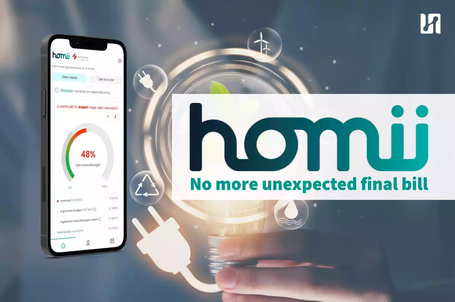 Homii, geen onverwachte rekening meer en hun app op een telefoon.